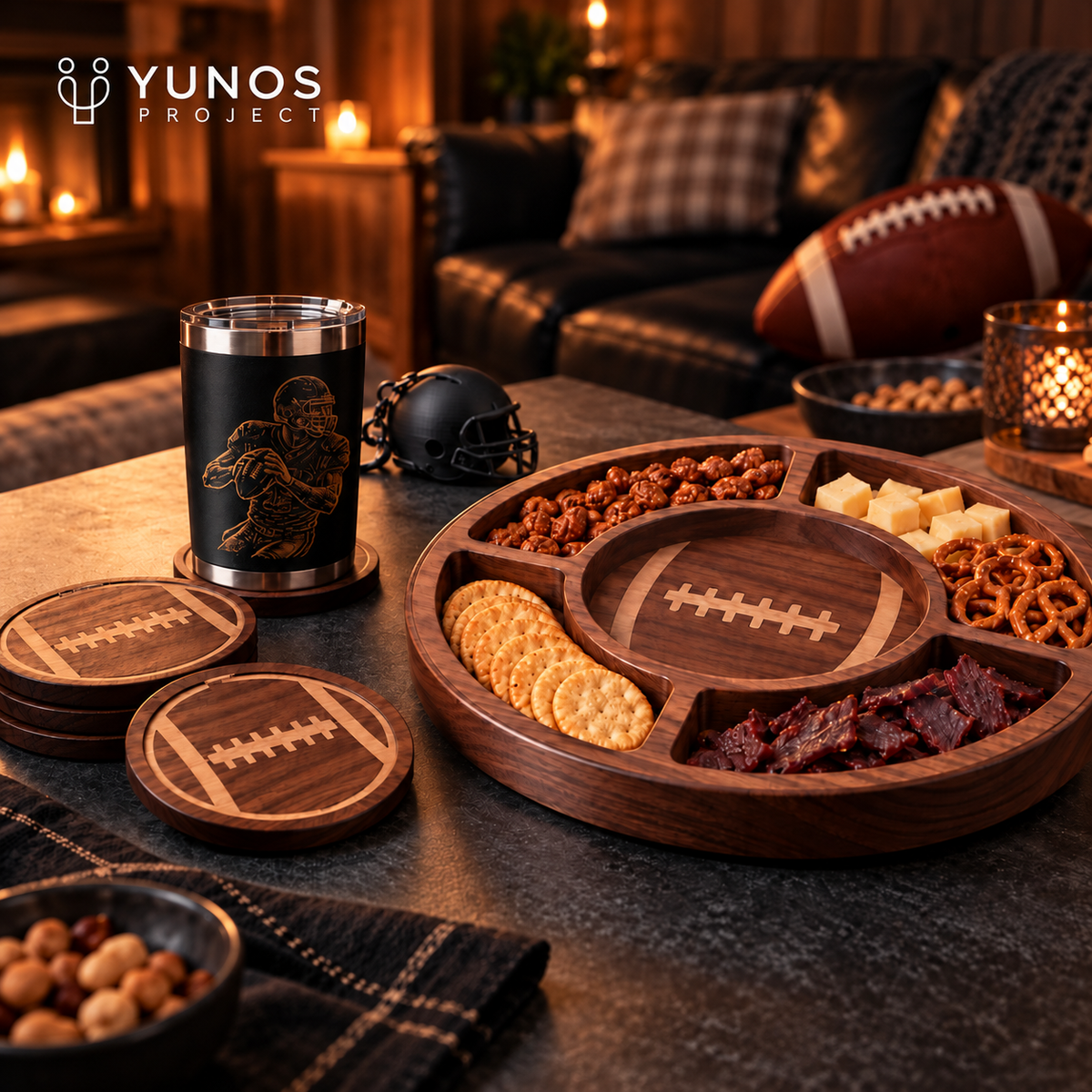 Colección Game Day de YunosProject: accesorios de fútbol americano en madera, vaso térmico y casco decorativo